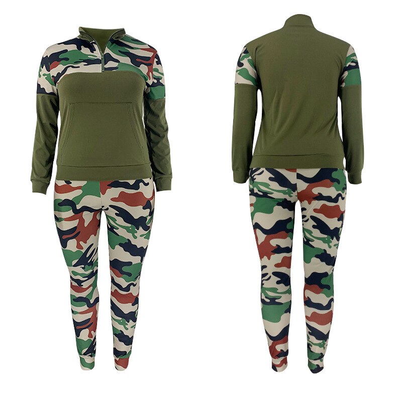 Autumn Winter Two Piece Set Women Tracksuit Zipper Stand Collar Tops And Camouflag Pants Set Fashion Patchwork Two Piece Outfits