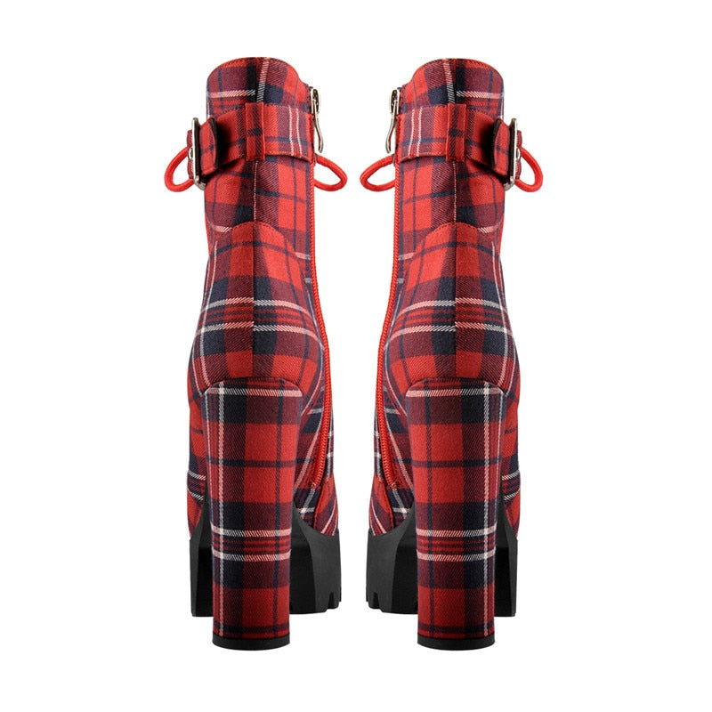 Botines de plataforma para mujer de OnlyMaker, botines de punta redonda con cremallera lateral y cordones de tela escocesa roja con correa y hebilla para invierno