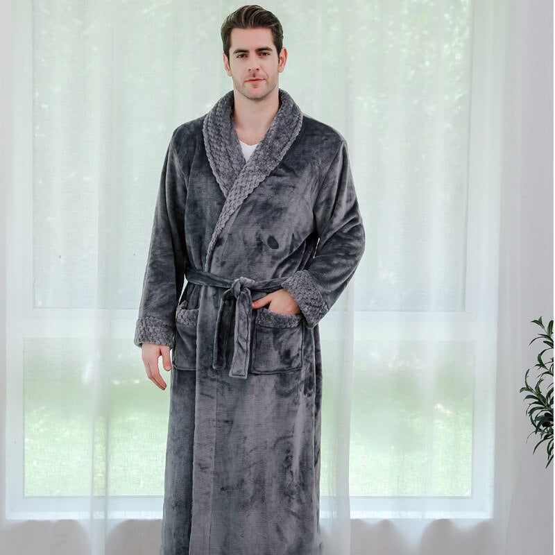 Albornoz de franela de talla grande para hombre y mujer, albornoz Extra largo con capucha cálido para amantes, albornoz tipo Kimono grueso, bata de baño para hombre, batas