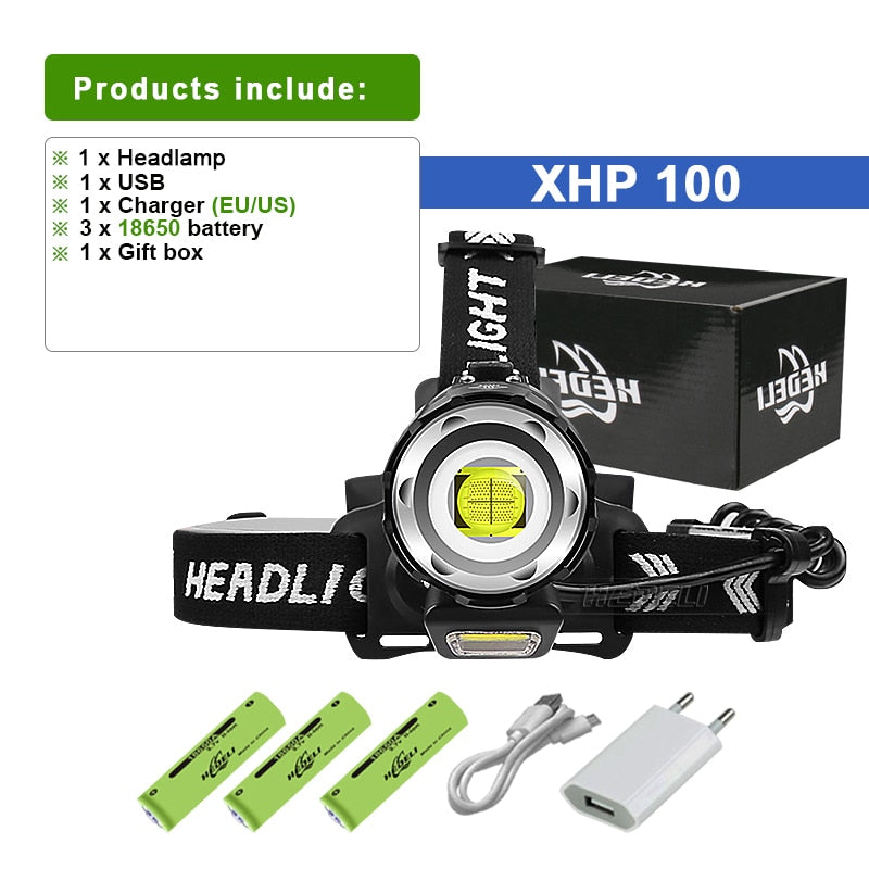 500000 LM XHP100 Powerful Led Headlamp 18650 XHP90.2 Led Headlight Rechargeable USB Head Flashlight XHP70 Zoom Head Torch Light