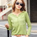 TuangBiang 2022 Spring Female Slub Cotton V-neck Long Sleeve T-Shirt Women Gem Buttons Navy Blue Tops Fashion Stitching T Shirt