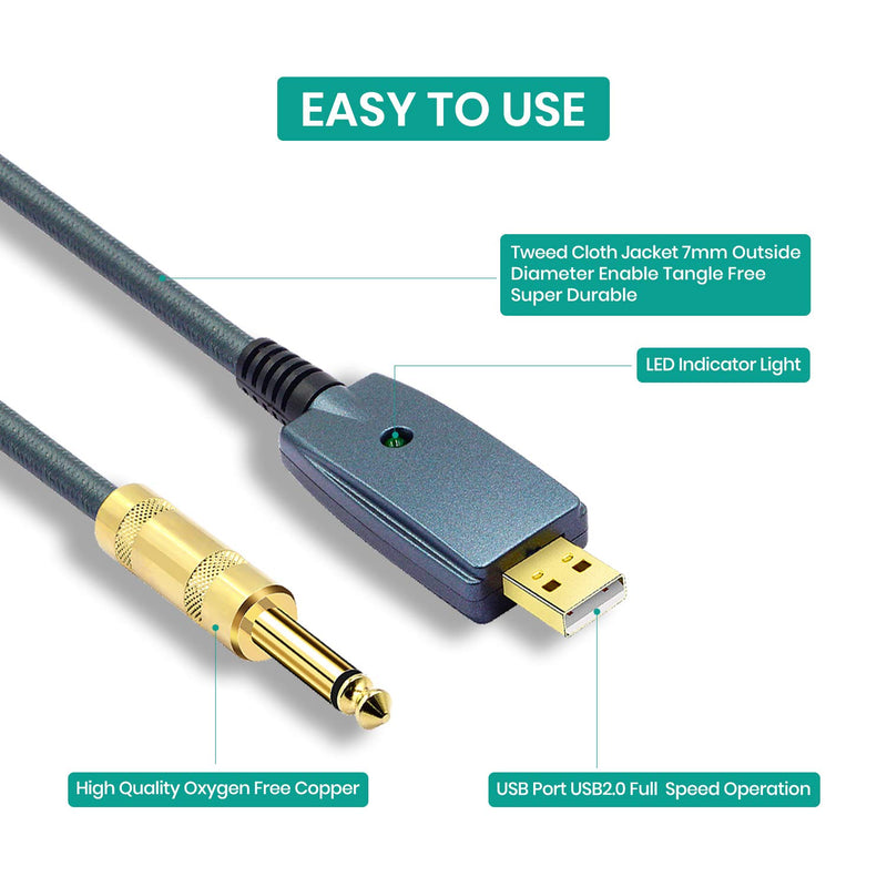 Interfaz de Cable USB a guitarra macho a conector de 6,35mm accesorios de guitarra eléctrica adaptador de Cable de conector de Audio para instrumento 3M