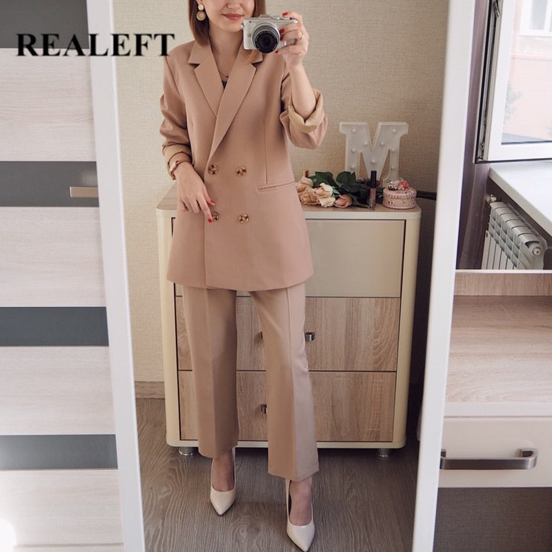 REALEFT 2021 Neue Herbst Winter Frauen Hosenanzug Zweireihig Gekerbte Blazer Jacke &amp; Hose Büro Tragen Frauen Anzug Weibliche Sets