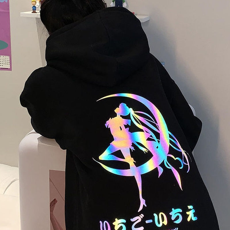 Women Hooded Sailor-Moon Reflective Logo Fashion Cartoon Loose Long-Sleeves Female Clothing Casual Japanese Pullover Hoodies