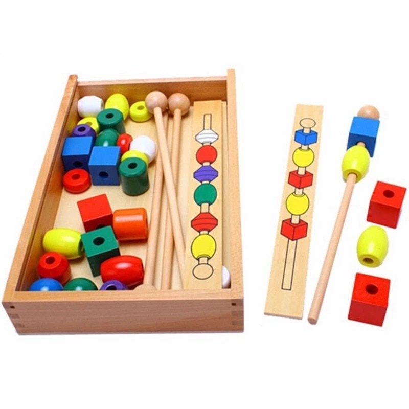 Wooden Colorful Shape Stick Bead Set Blocks Toys Children Educational Toys Montessori For Baby 2 Year Toys Gifts