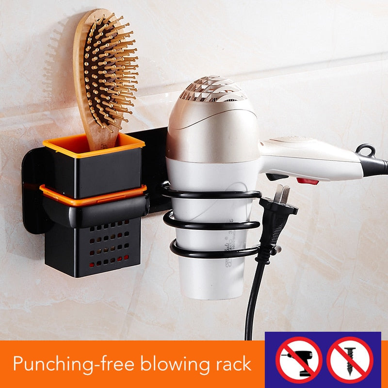 Hair Dryer Holder With Cup Households Wall Mount Bathroom Accessories Hair Dryer Shelf Metal Black Hair Dryer Rack EL190