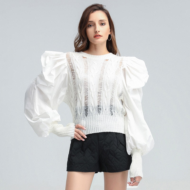 TWOTWINSTYLE Elegant Patchwork Sweater For Women O Neck Puff Long Sleeve Casual Knitted Pullovers Female Fashion New Clothing
