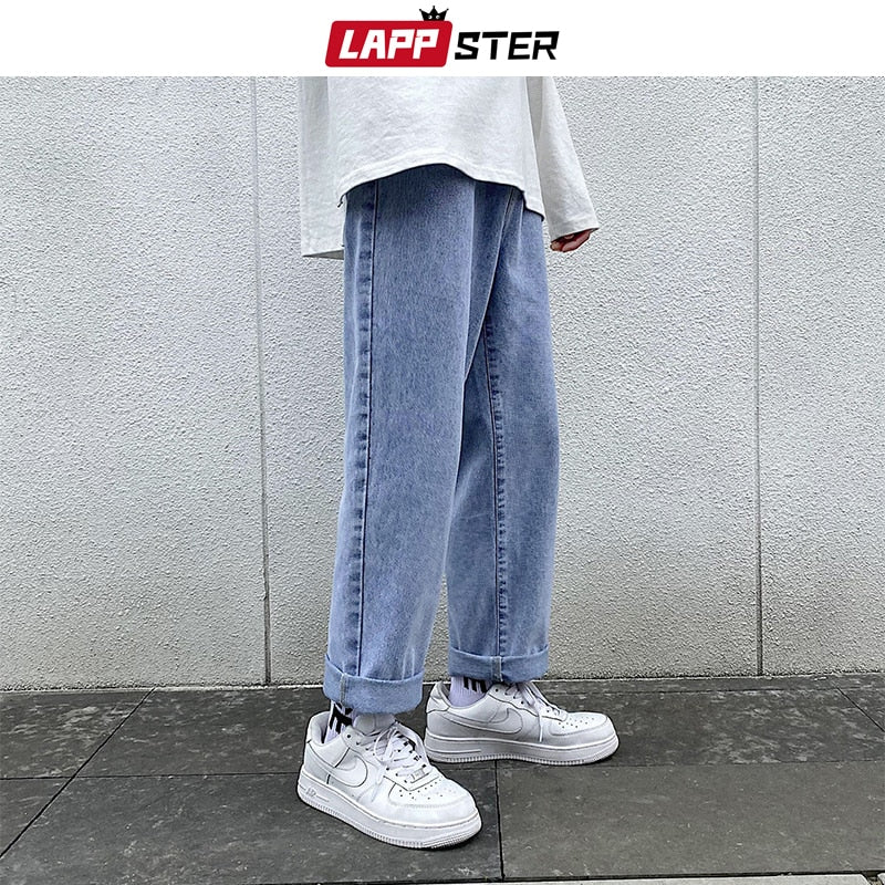 LAPPSTER Men Grey Streetwear Baggy Jeans 2022 Mens Kpop Solid Denim Pants Couple High Waisted Vintage Oversized Joggers Pants