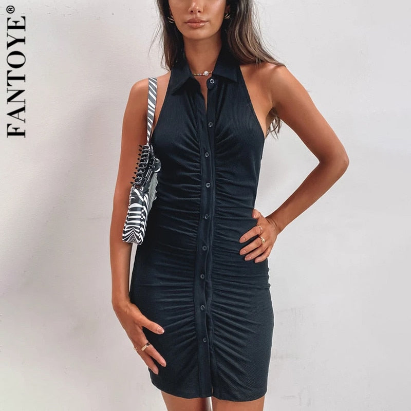 Fantoye Schwarzes rückenfreies Neckholder-Minikleid mit Rüschen Damen 2021 Elegantes ärmelloses Damenkleid Skinny Spring Single Breasted Vestido