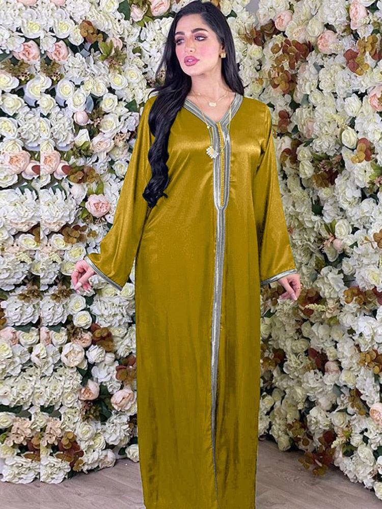 Siskakia Dubai Arabisches Kleid für Frauen Herbst 2020 Weiches Satinband V-Ausschnitt Langarm Muslimische Mode Türkei Roben Neu
