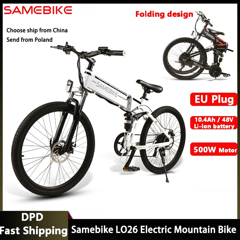 Samebike LO26 48V 500W Electric Mountain Bike Folding Ebike Eu Plug Electric Bicycle 26 Inch Tire 10Ah Li-ion Battery Moped Bike