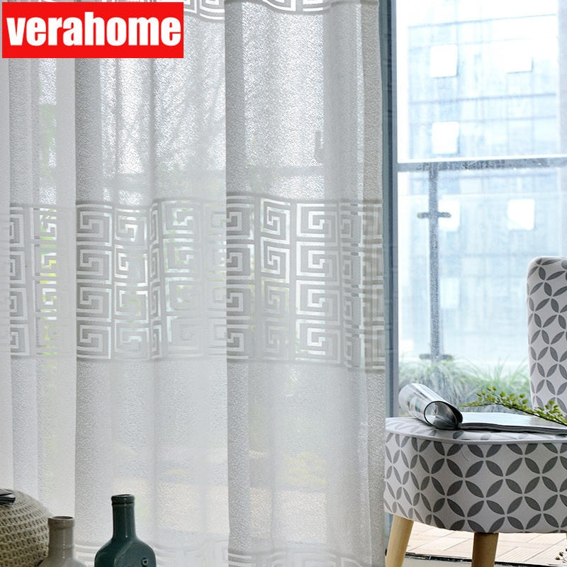 Modern White tulle curtains for living room bedroom geometric sheers curtain drapes for windows