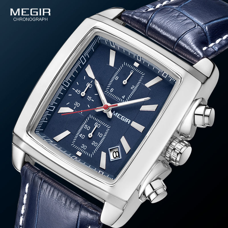 Reloj Megir con correa de cuero y esfera rectangular para hombre, relojes de cuarzo con cronógrafo azul informal, reloj de pulsera para hombre, reloj de pulsera para hombre