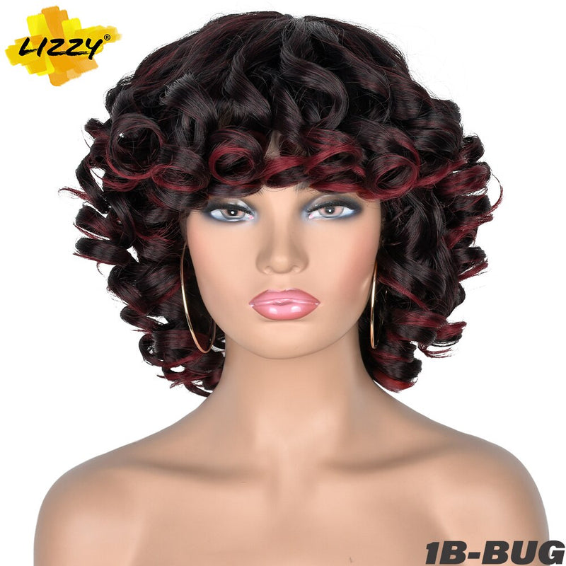 Short Hair Afro Curly Wig With Bangs Loose Synthetic Cosplay Fluffy Shoulder Length Natural Wigs For Black Women Dark Brown 14&quot;