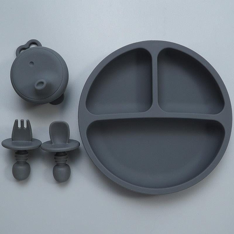 Accesorios para bebés, plato de cena de silicona para alimentación de niños pequeños, cuchara tenedor infantil suave impermeable con cubierta de taza de silicona portátil para niños