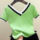 V-Ausschnitt Kurzarm Shirt Frauen Kontrastfarbe Gestreift Gestrickt 2023 Sommer Tops Shirt Koreanische Kleidung Femme Camisetas Mujer 13362