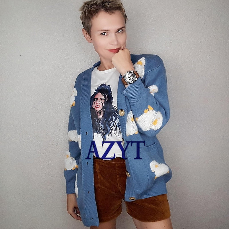 2023 Autumn Winter Knitted Cardigan Cute Cartoon Print V Neck Women Sweater Coat Korean Style Cardigan Sweater For Women