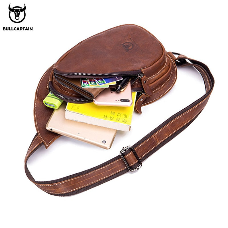 BULLCAPTAIN Leather Crossbody Bag Men Crazy Horse Leather Chest Bags New Fashion Multi-function card bag&