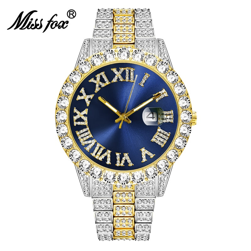 Reloj MISSFOX para hombre 2020, los más vendidos, marca de lujo, esfera azul, oro, relojes de moda para hombre, pulsera grande de diamantes, reloj de lujo para hombre