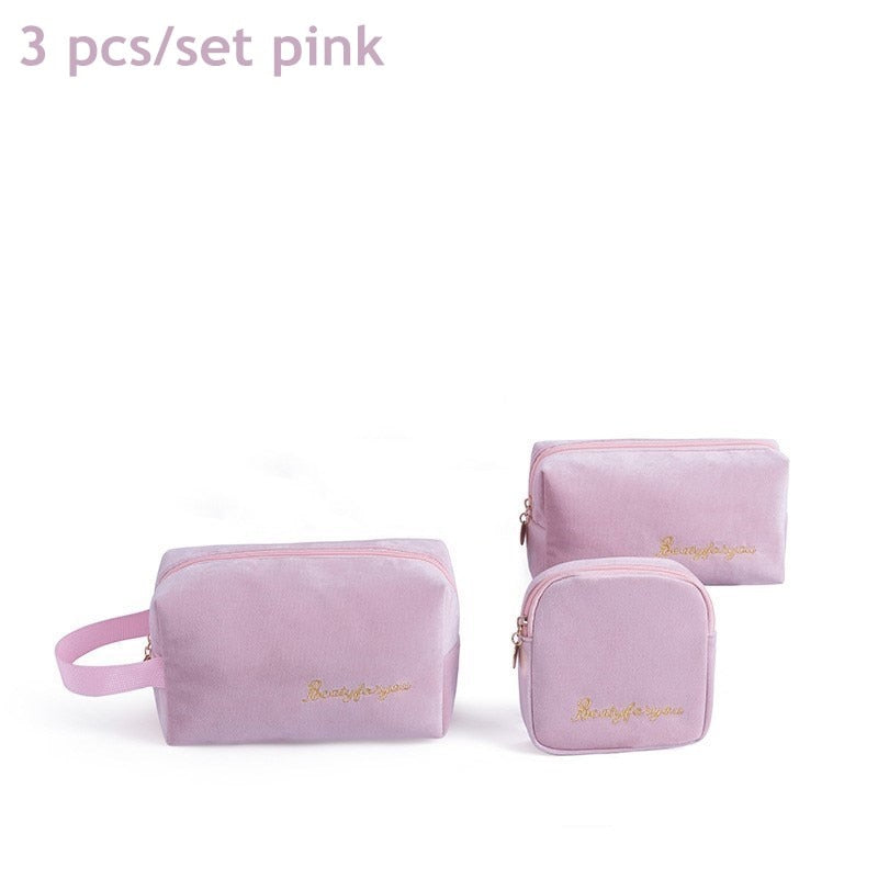 PURDORED 3 Pcs/set Velvet Cosmetic Bag Set Solid Women Makeup Bag Organizer Travel Toiletry Wash Bag Kit Neceser Kosmetyczka