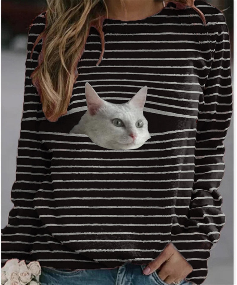 Jerséis informales con estampado 3D de gato bonito y divertido, ropa de mujer, sudaderas de primavera y otoño, camisetas de manga larga, ropa de mujer, Tops de moda