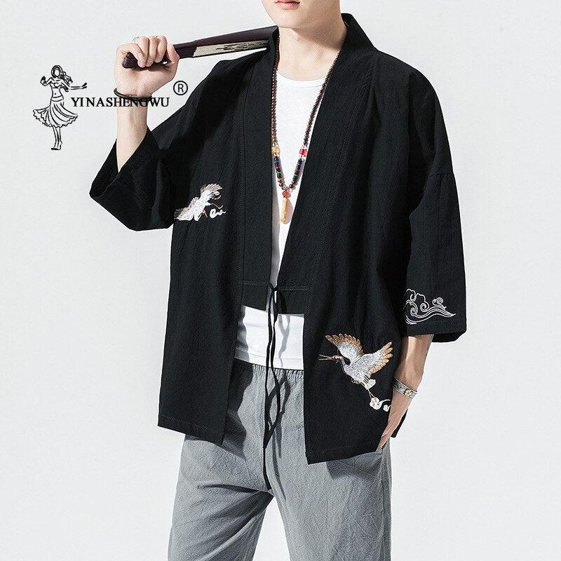 Kimono Cardigan Men Japanese Kimono Traditional Beach Thin Crane Embroidery Asian Clothes Yukata Male Samurai Casual Shirt Kimon