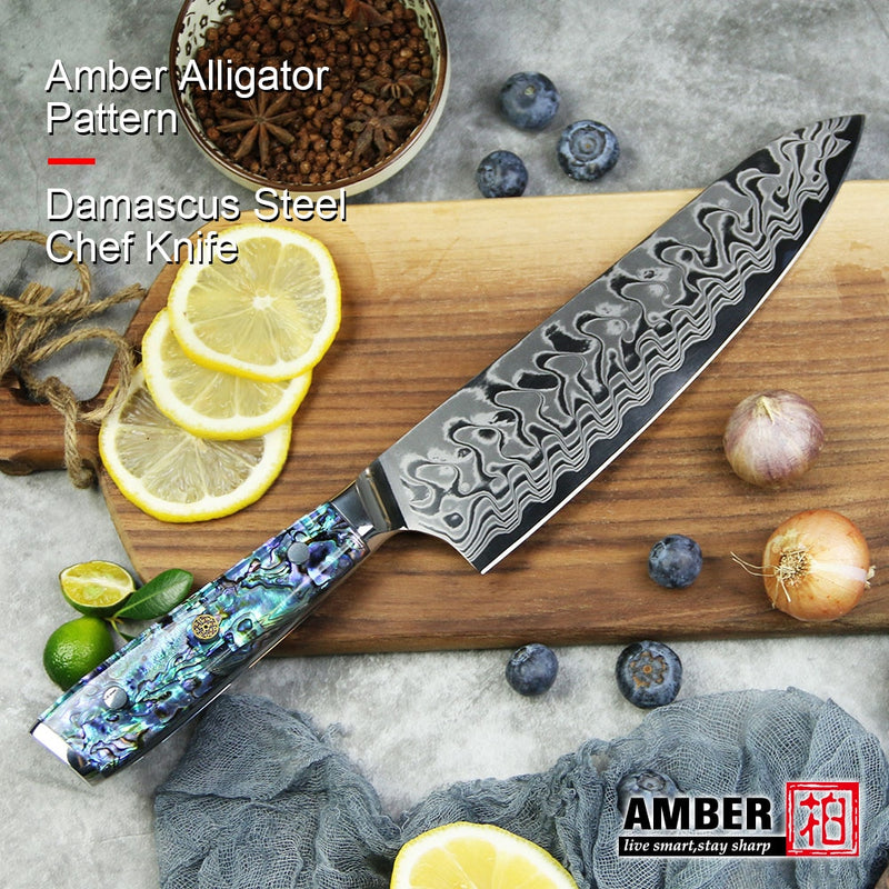 Amber Alligator Pattern 37 Layers Damascus Steel AUS10V Core Kitchen Knife TAX