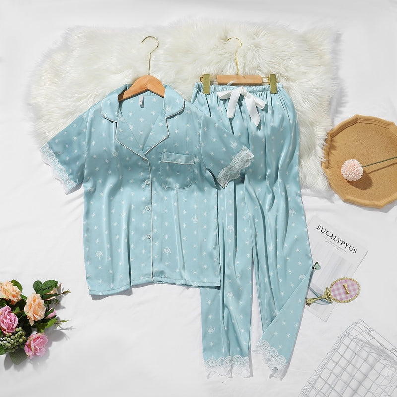 Lisacmvpnel Srping New Crown Print Women Pyjamas Lace Sweet Short Sleeve Suit Pajamas Summer Satin Chiffon Soft Touch Sleepwear