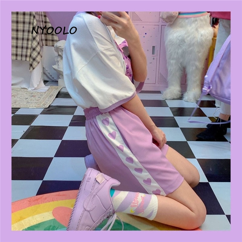 NYOOLO Harajuku-Stil Liebe Herzdruck Patchwork hohe Taille Shorts Frauen 2020 Sommer elastische Taille Kordelzug süße Mädchen Shorts