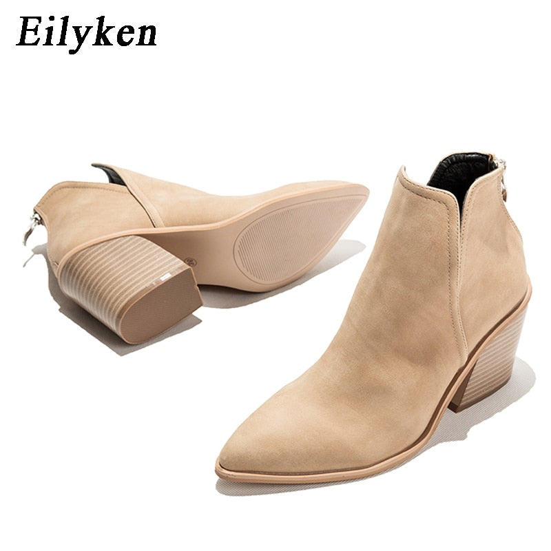 EilyKen Women Early Winter Ankle Boots Leopard Female Zipper Casual Black Cowboy Square Heel Booties Shoes Zapatos De Mujer