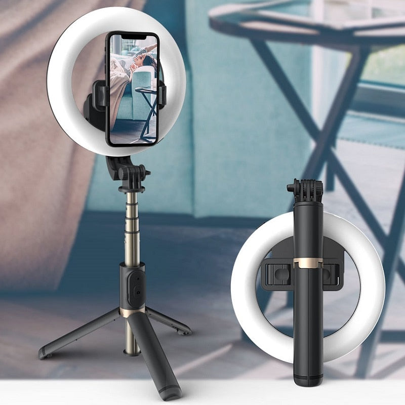 COOL DIER 4in 1 Wireless Bluetooth Selfie Stick With 6inch LED Ring Photography Light Foldable Tripod Monopod for iPhone Android