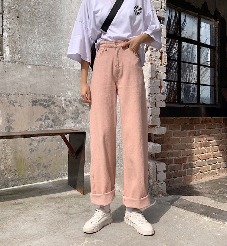 Herbst-Rosa-Frauen-Boyfriend-Jeans-hohe Taillen-Baumwollschwarz-weiße koreanische Art-weibliche Denim-Hosen-Jeans mit weitem Bein