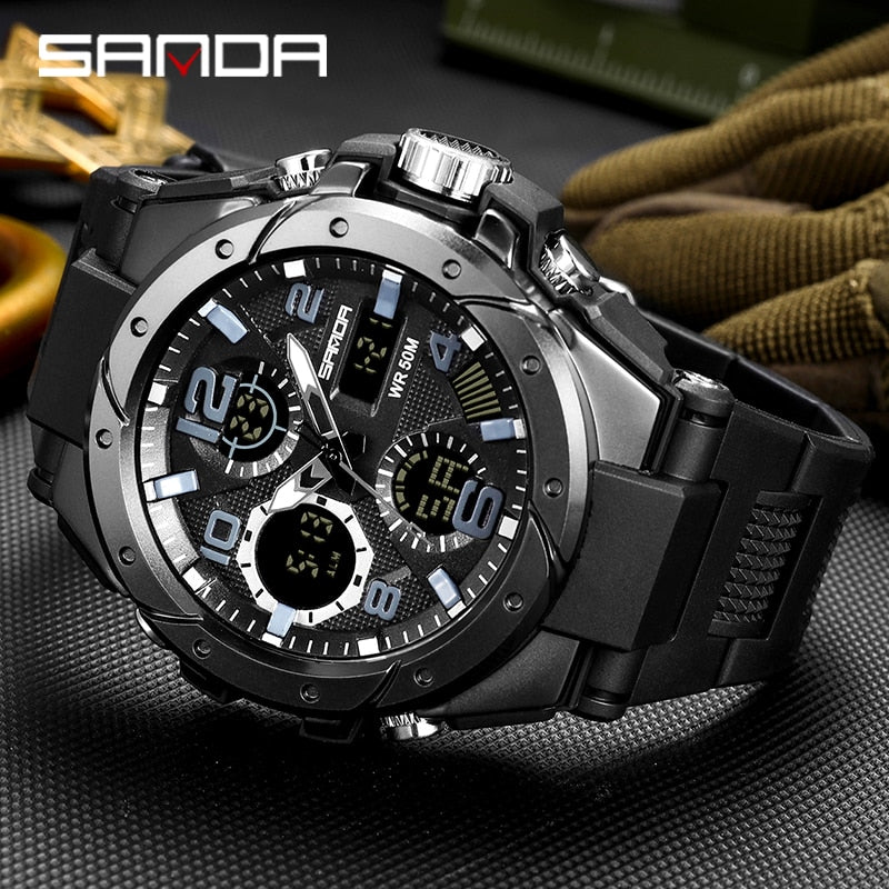 SANDA Brand Men's Watch Military Outdoor Sports Waterproof Watches Dual Display Quartz LED Digital Clock Relogio Masculino