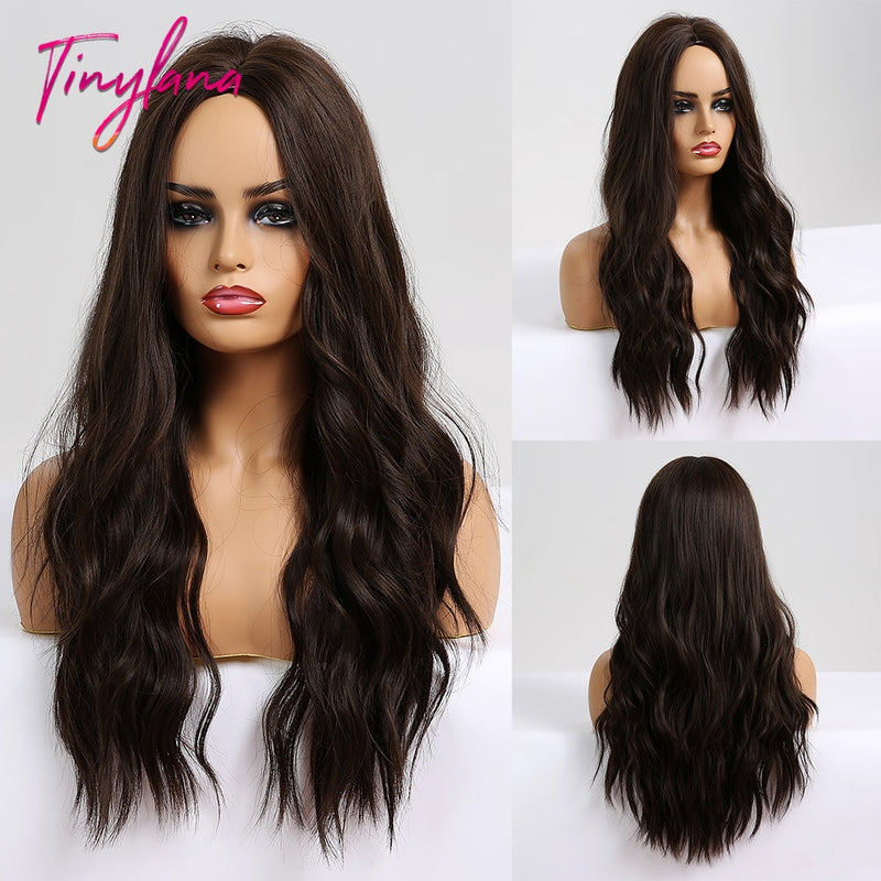 TINY LANA Synthetic Long Ombre Wavy Wigs Brown Blonde Middle Part Cosplay Wigs with Bangs For Women Long Hair Wigs Fake Hair