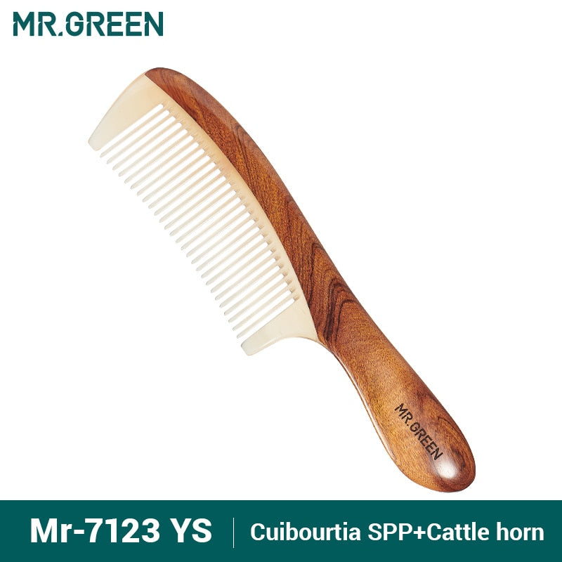 Peine MR.GREEN de madera Natural con estructura de empalme de cuerno, peine de pelo de dientes finos, cabeza antiestática, regalo de masaje de punto de acupuntura