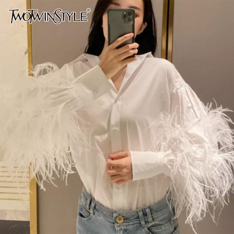 TWOTWINSTYLE Casual Patchwork Feather Blouse For Women Lapel Lantern Sleeve White Solid Shirt Female Fashion New Clothing 2021