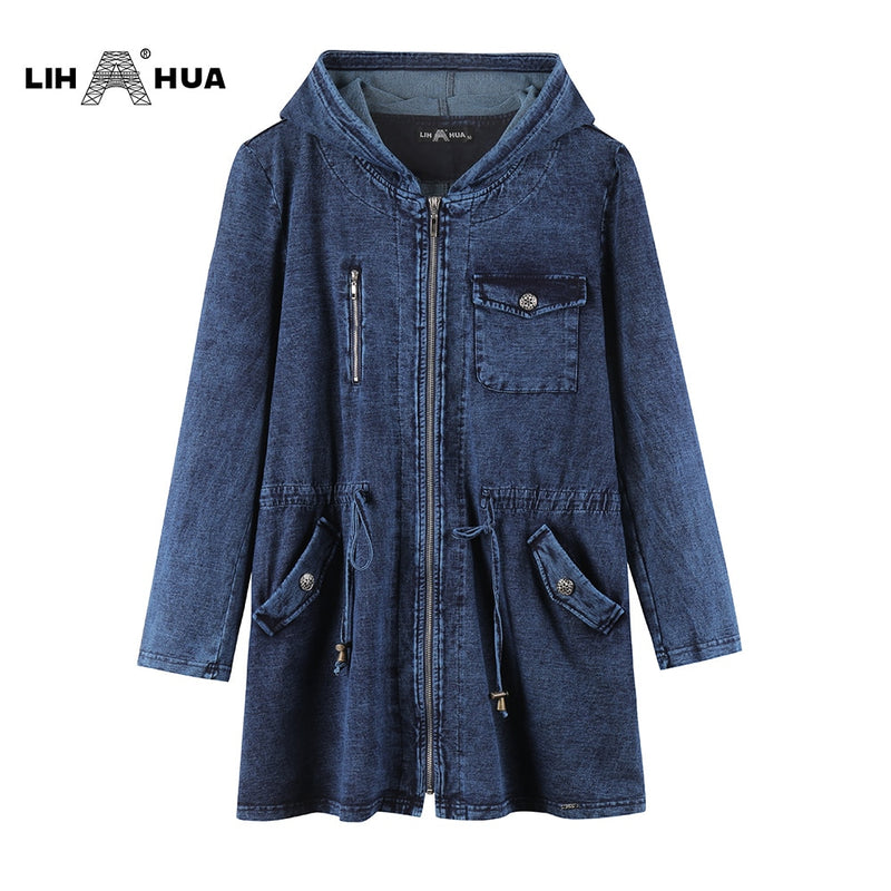 LIH HUA Damen-Jeansjacke in Übergröße, lässiger langer Stil für Damen, Premium-Stretch-Baumwolle, gestrickte Denim-Chaquetas