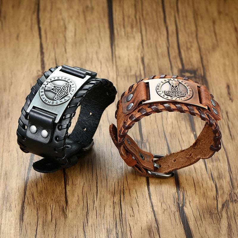 Vnox, pulseras de 26mm de ancho para hombres, icono vikingo, pulsera de martillo de runas nórdicas, joyería Vintage Punk Rock negra y marrón