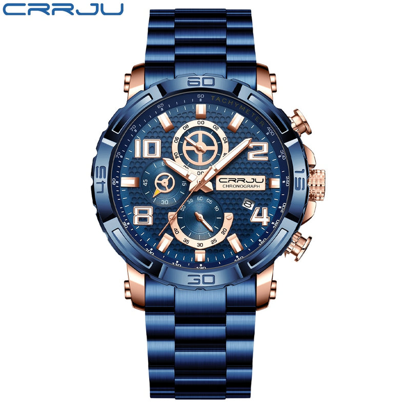 CRRJU Men Watches Big Dial Waterproof Stainless Steel with Luminous handsDate Sport Chronograph Watches Relogio Masculino