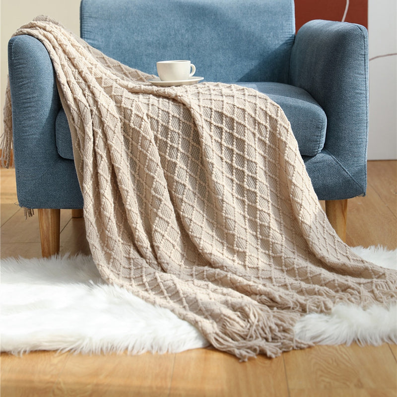 Textile City Faux Cashmere Sofa Blanket Cover Nordic Style Knit Plaid Throw Tassels Bedspread Golden Blanket for Spring Summer