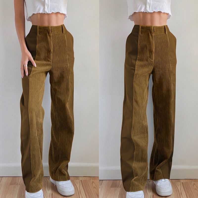 Rapwriter Vintage Patched Corduroy Pants Women Fashion 2020 Harajuku Long High Waist Straight Trousers Chic Autumn Pants Female