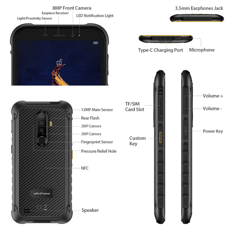 Ulefone Armor X8 Robustes wasserdichtes Smartphone Android11 ​​5,7-Zoll-Handy 4 GB 64 GB ip68 Octa-Core NFC 4G LTE-Handy