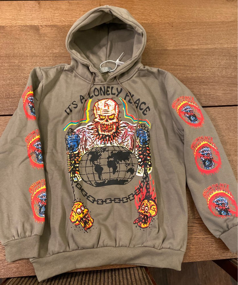 Retro Hip Hop Skull Letter Graffiti Fleece Hooded Hoodies for Men and Women High Street Loose Casual Pullover Sweatshirts