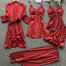 Stain Lace Women Pajama Set 5 Pieces Set Pajamas V Lead With Chest Pad Spaghetti Strap Set Pijama