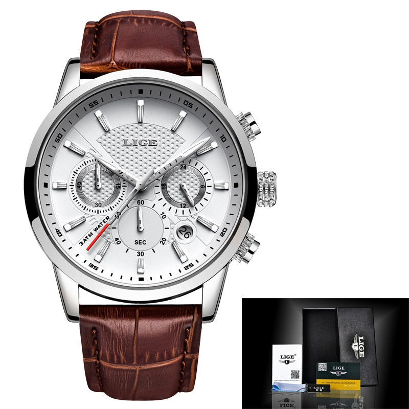 2022 LIGE Uhren Herren Top-Marke Luxus Uhr Casual Leder 24 Stunden Mondphase Herrenuhr Sport Wasserdicht Quarz Chronograph + Box