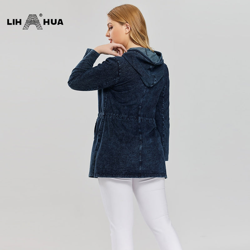 LIH HUA Damen-Jeansjacke in Übergröße, lässiger langer Stil für Damen, Premium-Stretch-Baumwolle, gestrickte Denim-Chaquetas