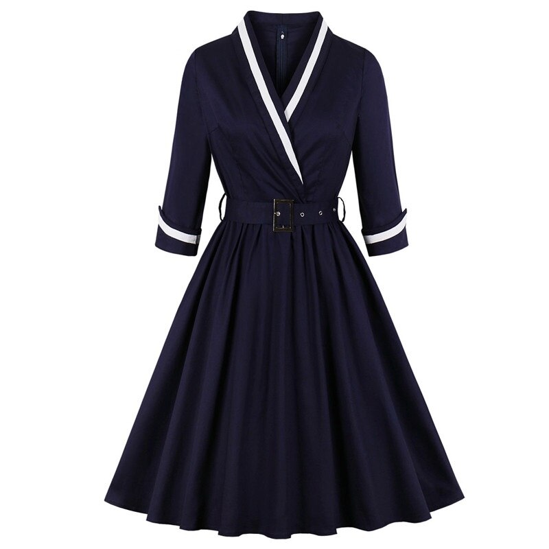 Tonval Vintage Style Wrap Belted Elegant Pleated Autumn Dress Women 2022 Winter Robe Femme 3/4 Length Sleeve Cotton Dresses