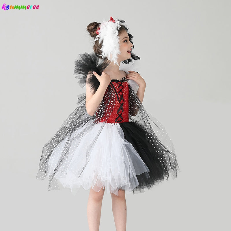 Evil Madame Cruella De Ville Kinder Tutu Kostüm Dalmatiner Mädchen Halloween Fancy Tutu Kleid mit Stirnband Polka Dot Girl Outfit