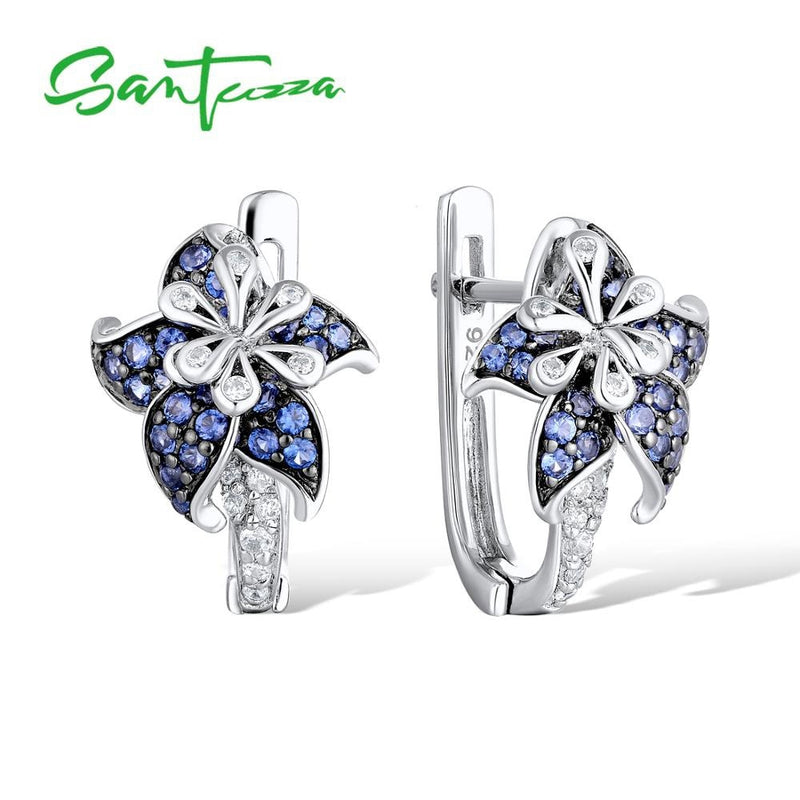 Pendientes de plata SANTUZZA para mujer, Plata de Ley 925 pura, flor de estrella rosa azul, Zirconia cúbica, joyería de moda