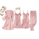 Black Sexy Women Robe Set Faux Silk Kimono Bathrobe Gown 5PCS Sleepwear Suit Hollow Out Lace Nightgown Home Wear Wedding Gift